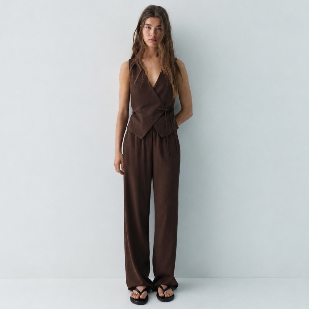 Pull&Bear | Linen Blend Wrap Vest & Wide Leg Pants Set in Brown | S/M